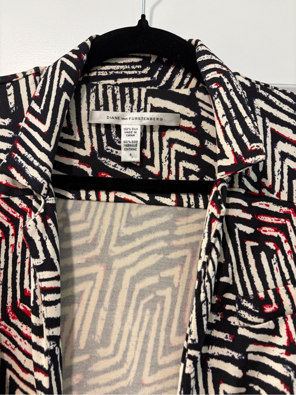 Diane Von Furstenberg Silk Geometric Print Blouse — Black, White & Red